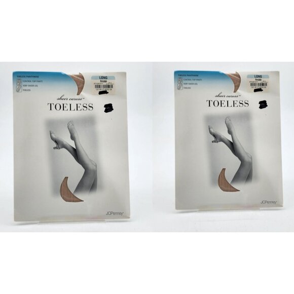 x2 JC Penney Sheer Caress Control Top Toeless Pantyhose Porcelain Size Long - Picture 1 of 9